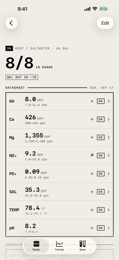 Tank datasheet with ranges and status